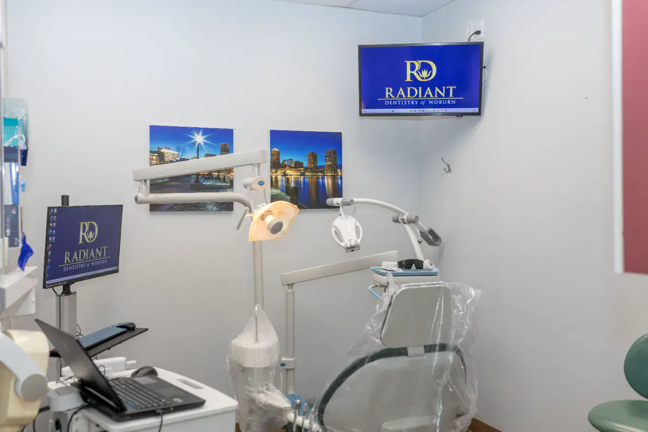 Treatment room at Radiant Dentistry of Woburn with chairside monitor and digital imaging equipment